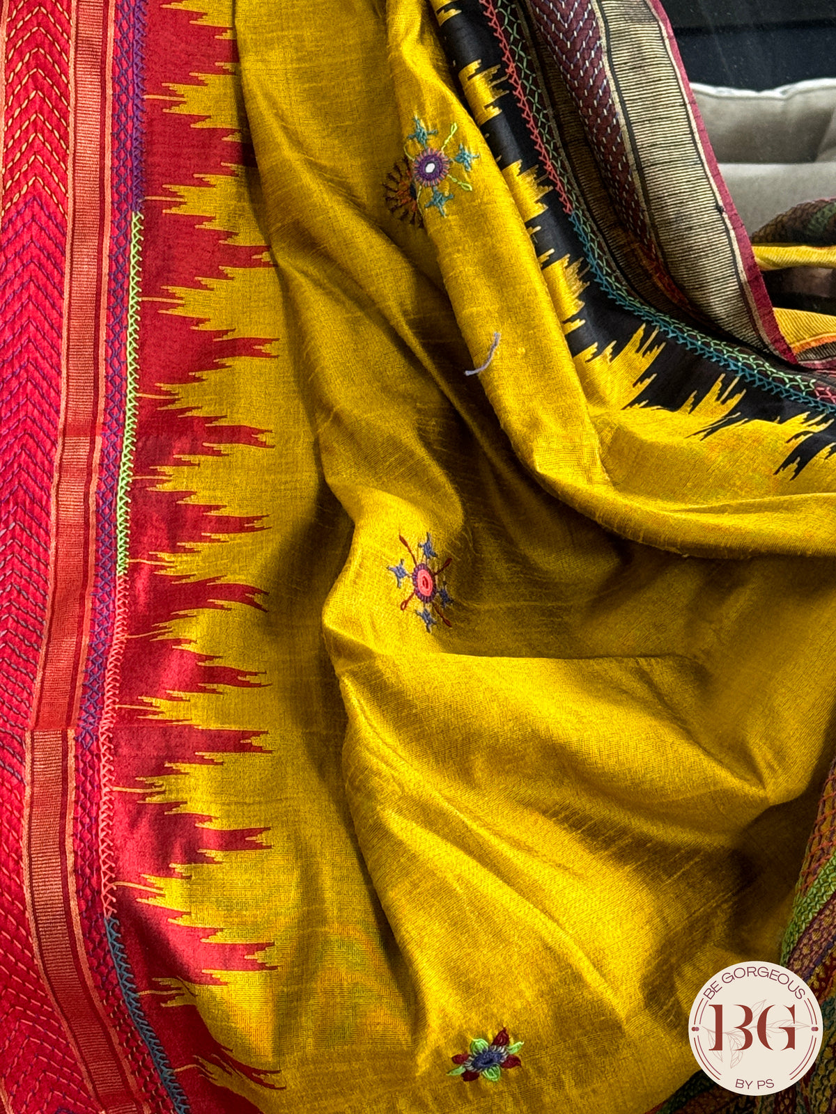 Lambani hand embroidery with mirror work on raw silk - Mustard