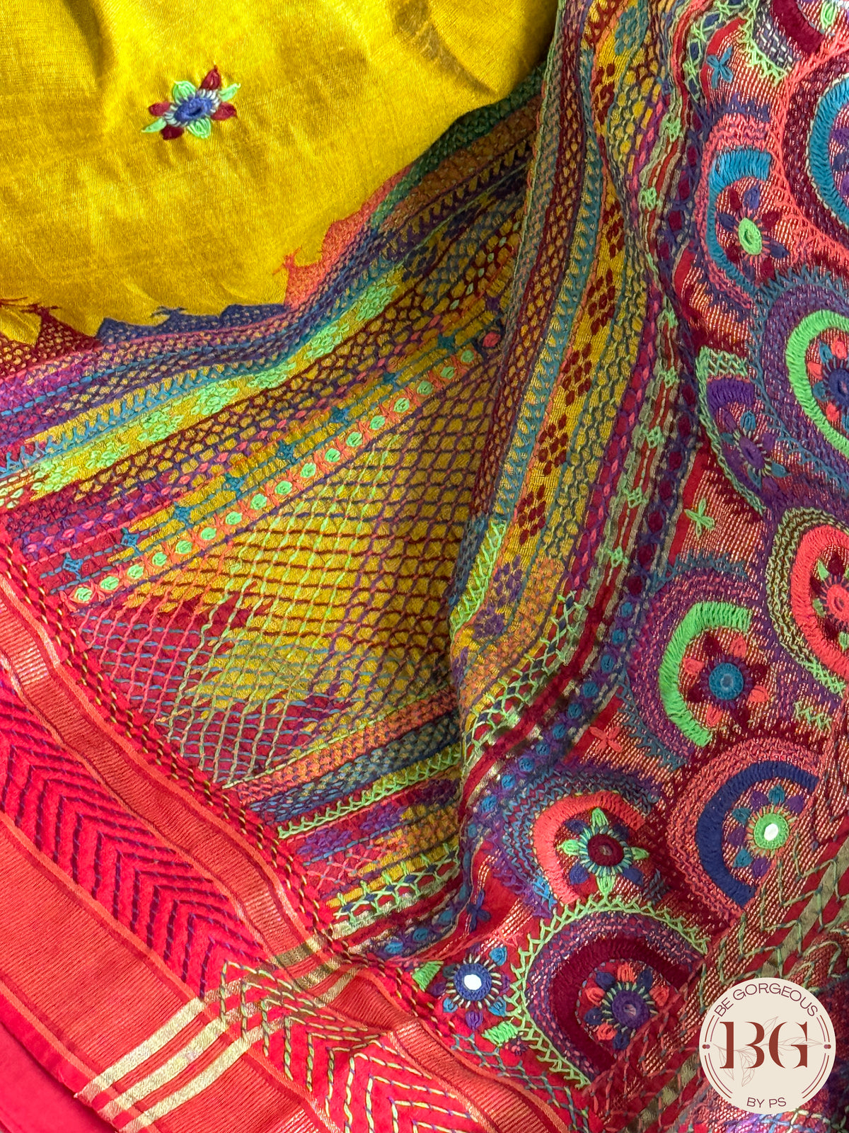 Lambani hand embroidery with mirror work on raw silk - Mustard