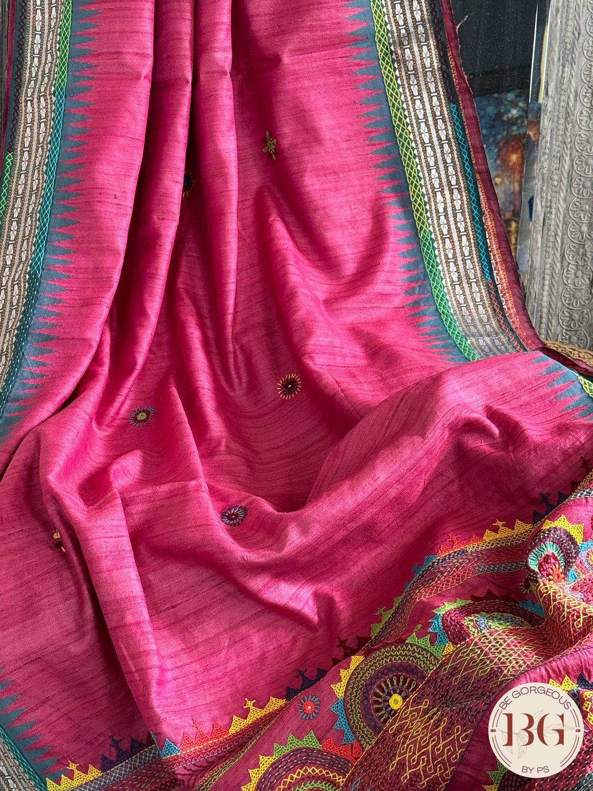 Lambani hand embroidery with mirror work on raw silk - Pink