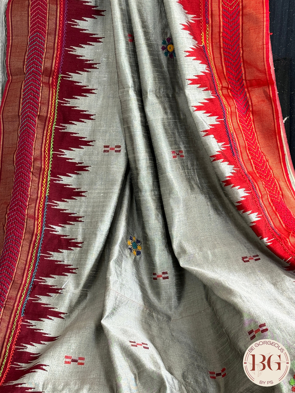 Lambani hand embroidery with mirror work on raw silk - Grey