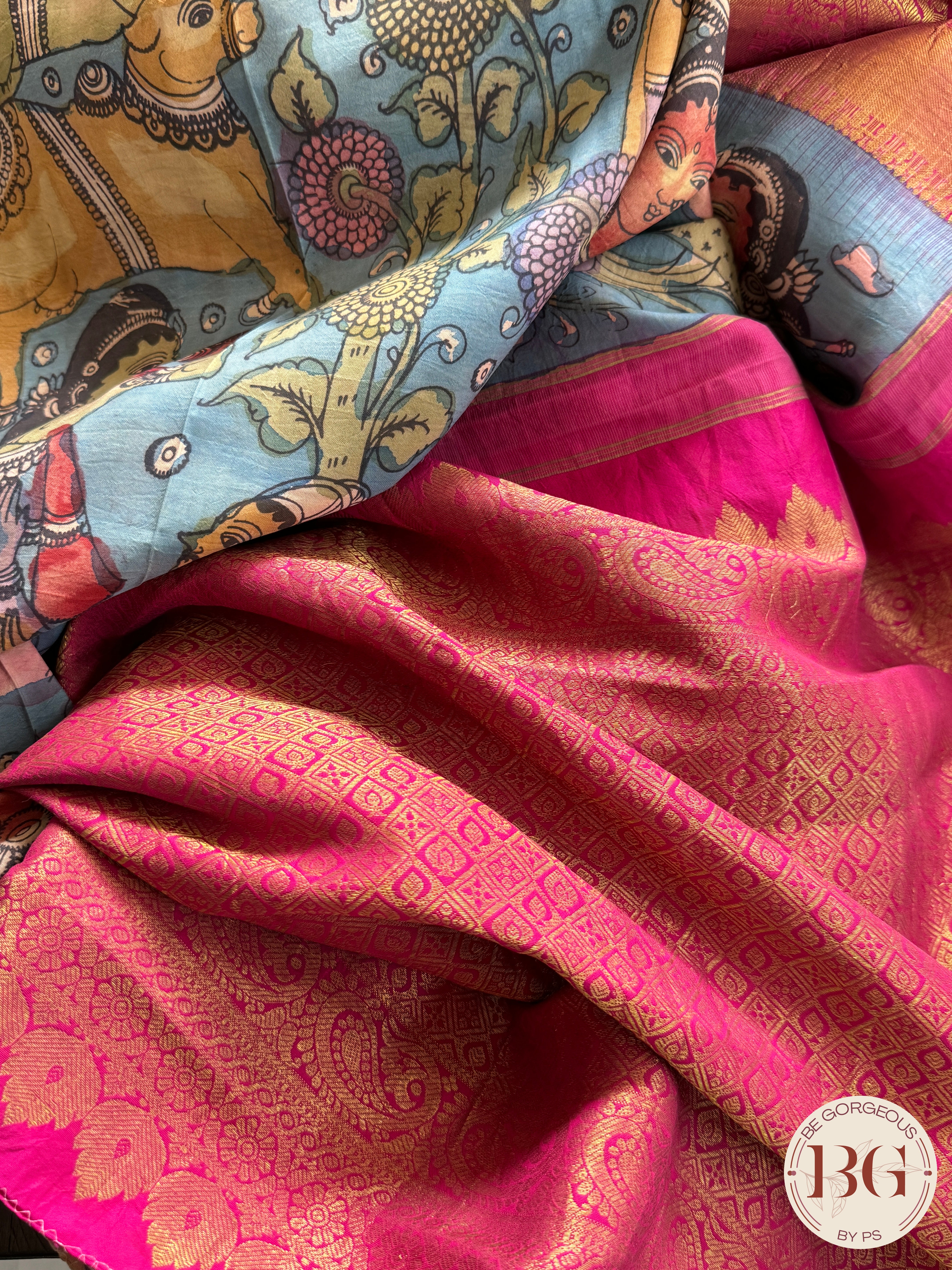 Pen Kalamkari on Pure Kanjeevram Silk - Beige and Pink