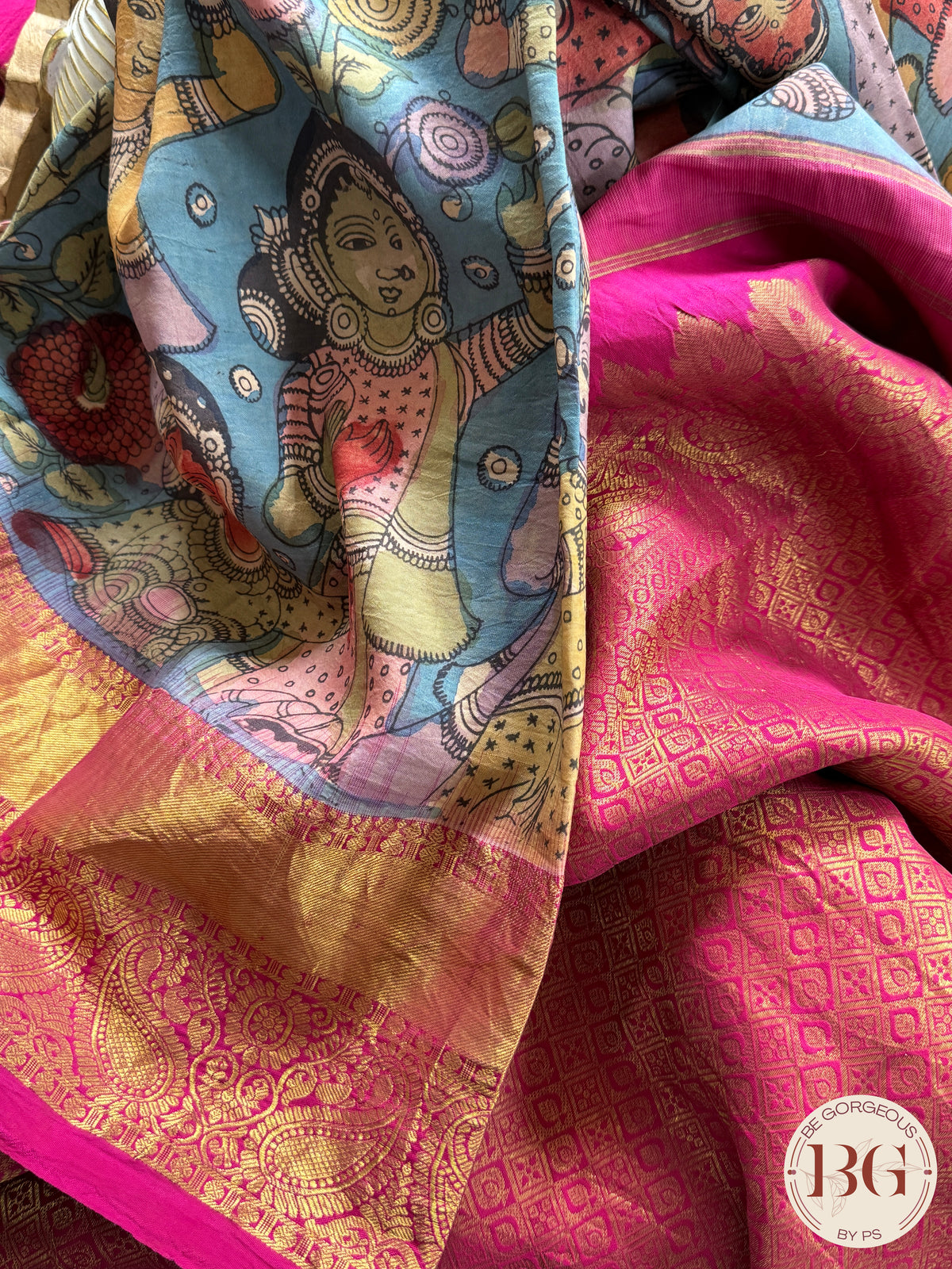 Pen Kalamkari on Pure Kanjeevram Silk - Beige and Pink