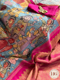 Pen Kalamkari on Pure Kanjeevram Silk - Beige and Pink