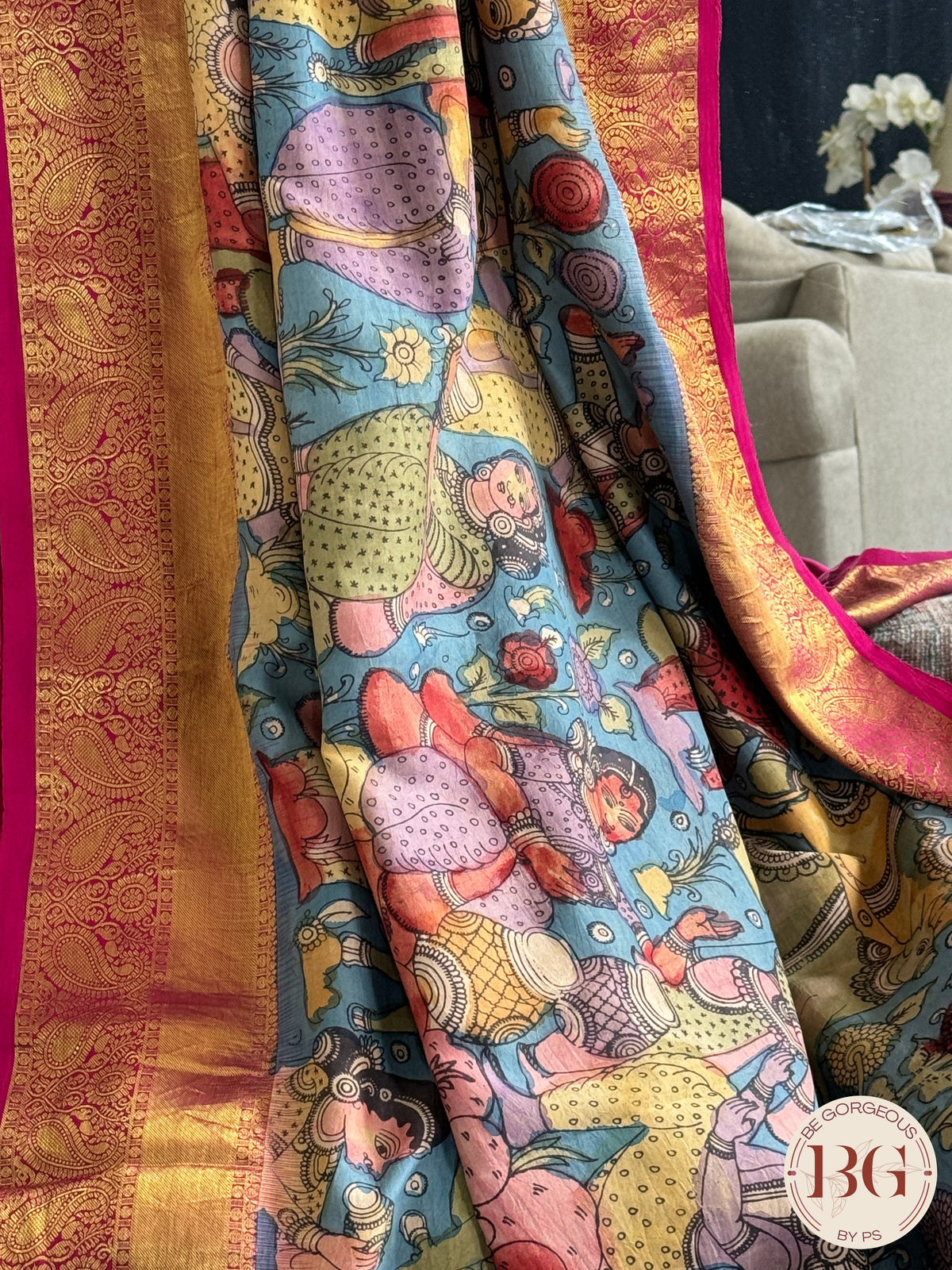 Pen Kalamkari on Pure Kanjeevram Silk - Beige and Pink