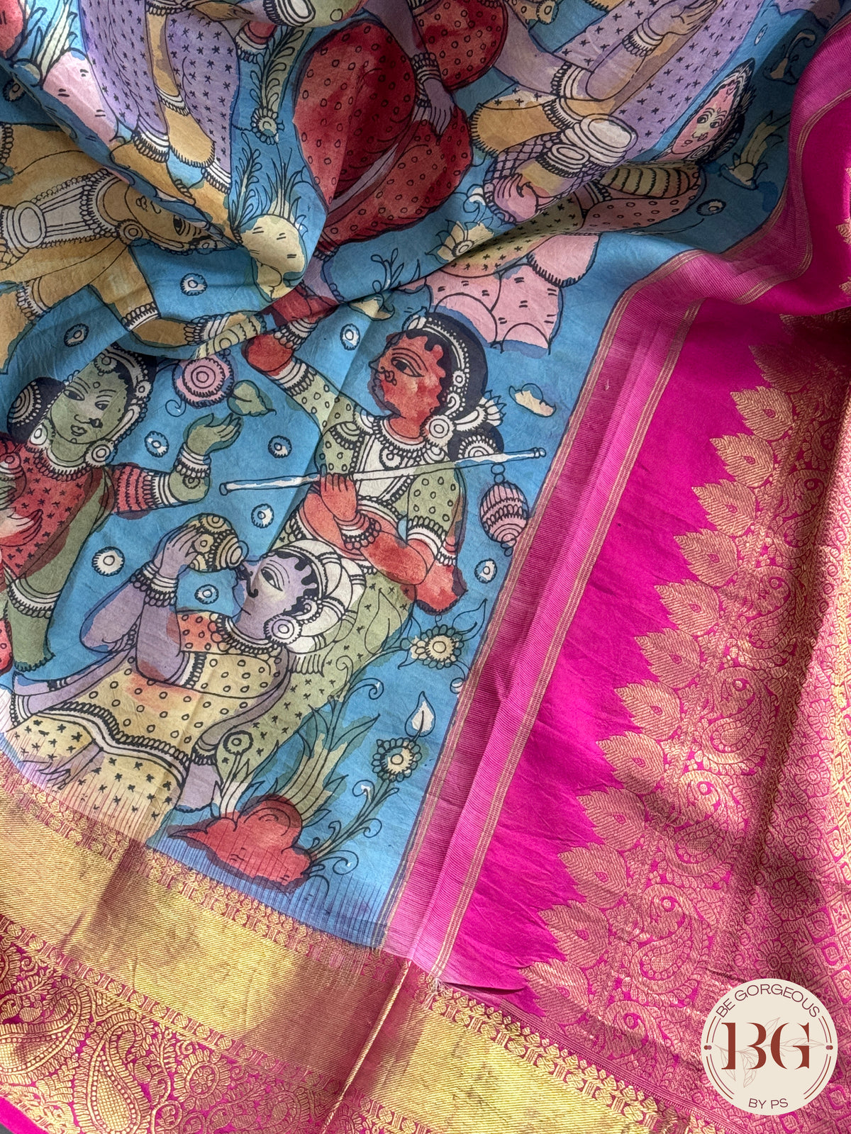 Pen Kalamkari on Pure Kanjeevram Silk - Beige and Pink