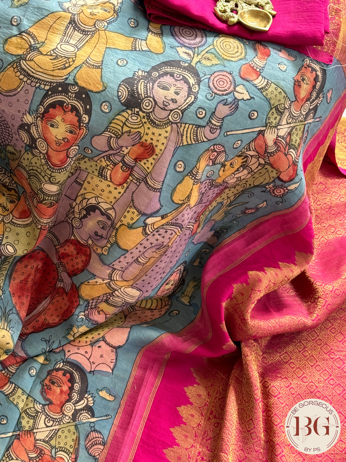 Pen Kalamkari on Pure Kanjeevram Silk - Beige and Pink