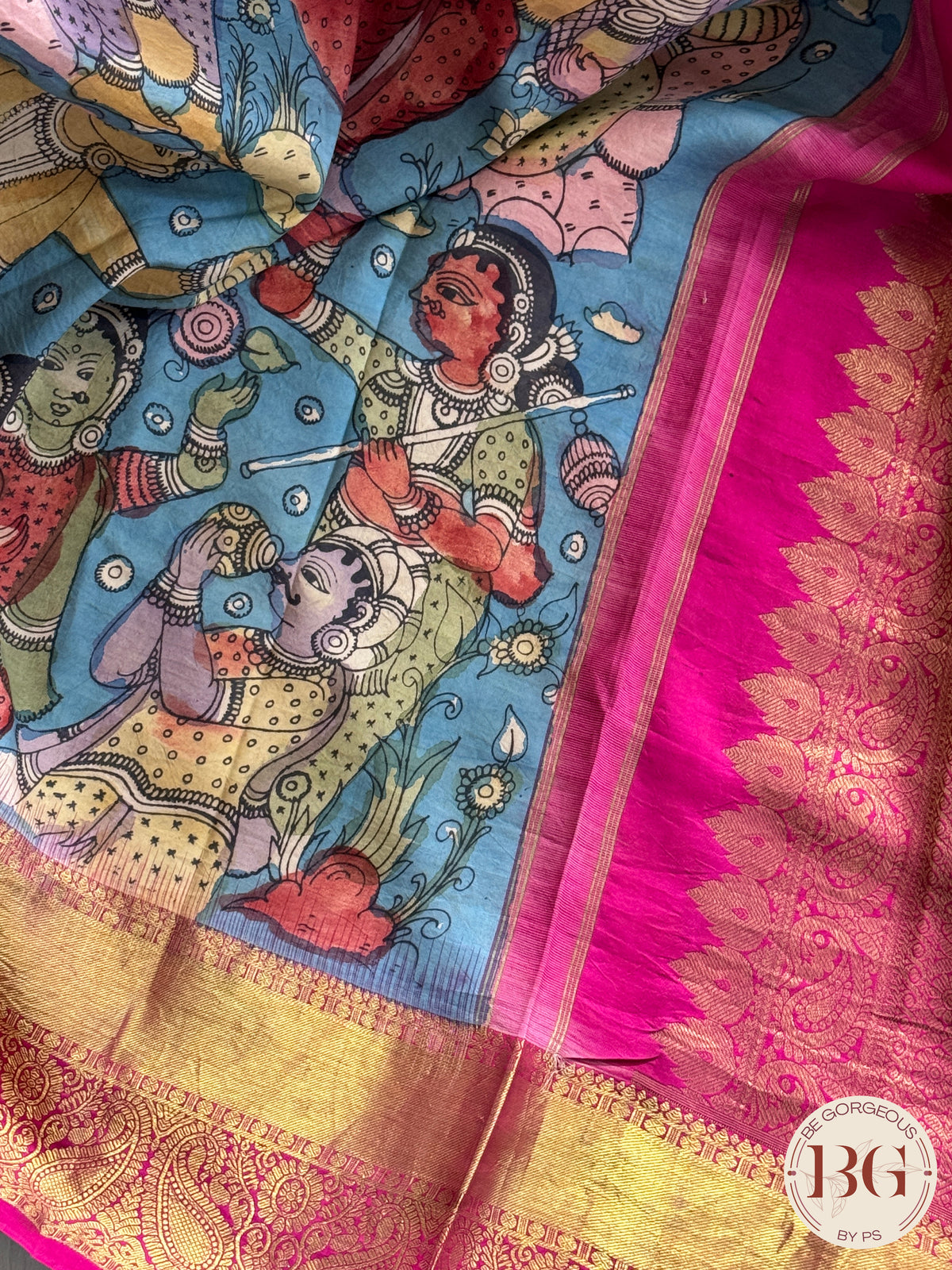 Pen Kalamkari on Pure Kanjeevram Silk - Beige and Pink