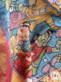 Pen Kalamkari on Pure Kanjeevram Silk - Beige and Pink