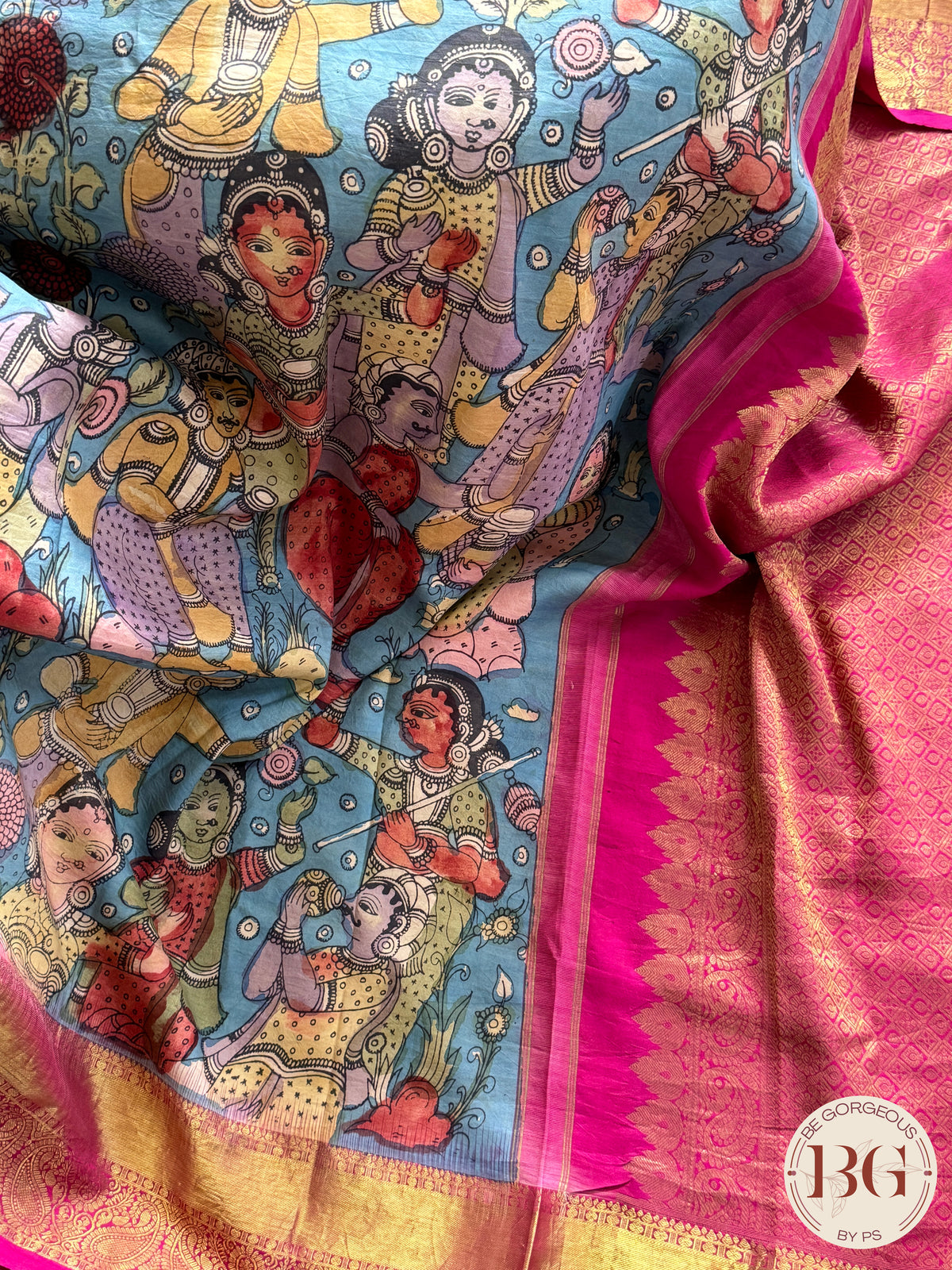 Pen Kalamkari on Pure Kanjeevram Silk - Beige and Pink