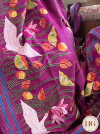 Kantha Stitch Saree on bangalore silk - purple