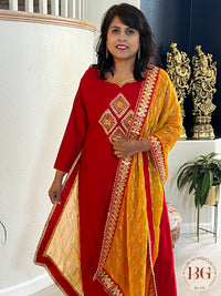 Party wear 3 piece suit in gorgeous red and yellow color combination. Muslin silk cloth.
