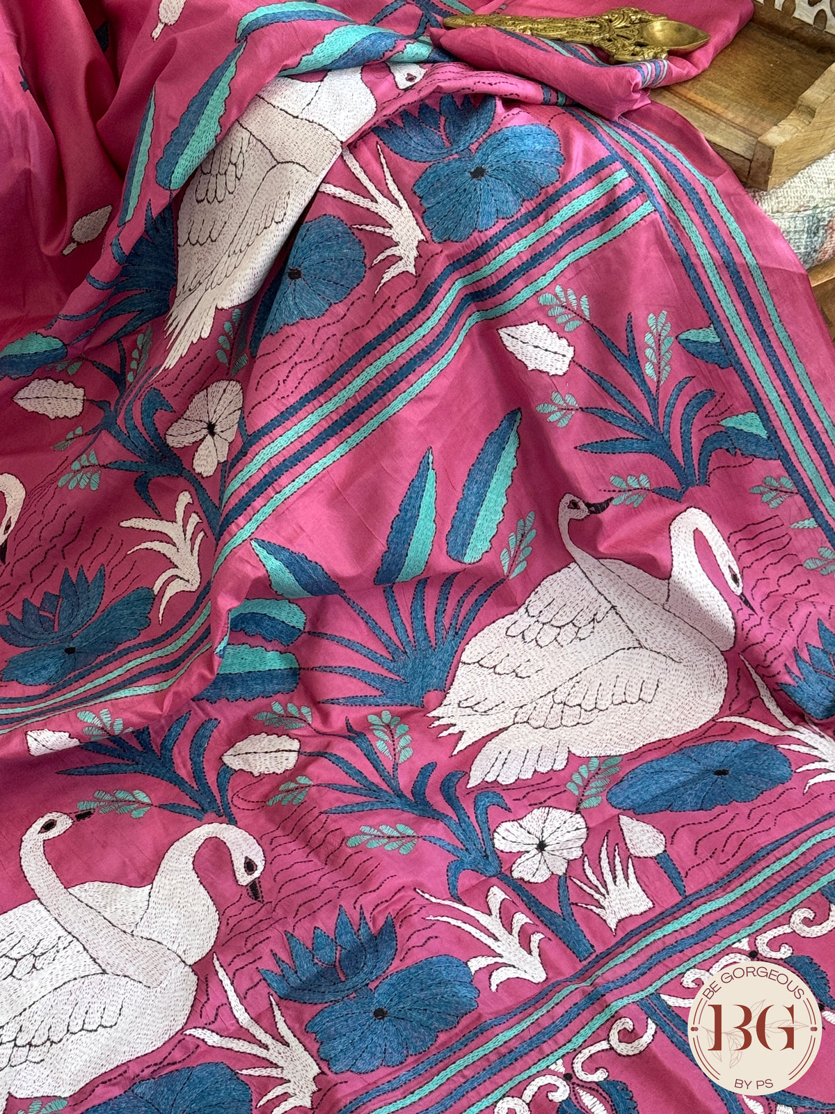 Kantha Stitch Saree on bangalore silk - pink