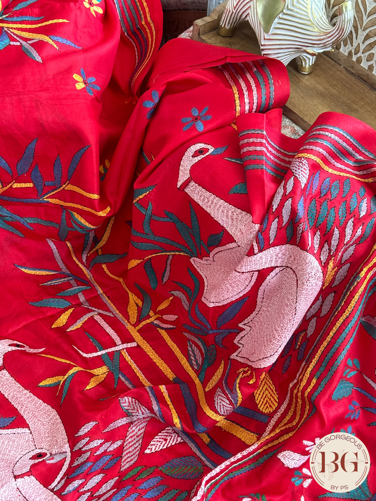 Kantha Stitch saree on bangalore silk - red
