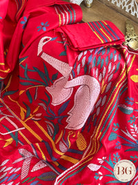 Kantha Stitch saree on bangalore silk - red