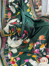 Kantha Stitch Saree on bangalore silk - bottle green