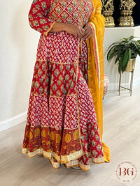 Garara set with organza dupatta in gorgeous red and and yellow combination.