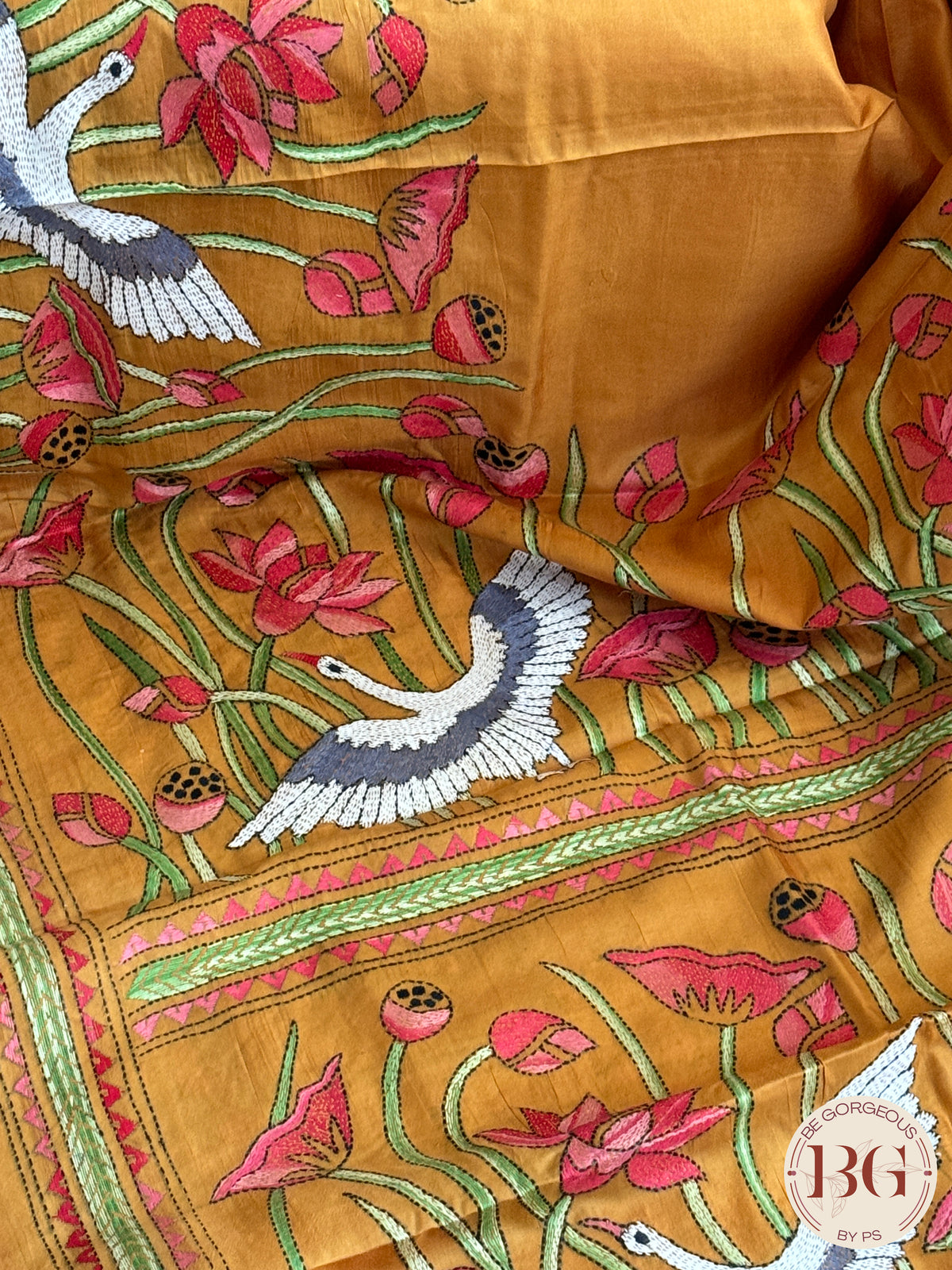 Kantha Stitch Saree on bangalore silk - mustard