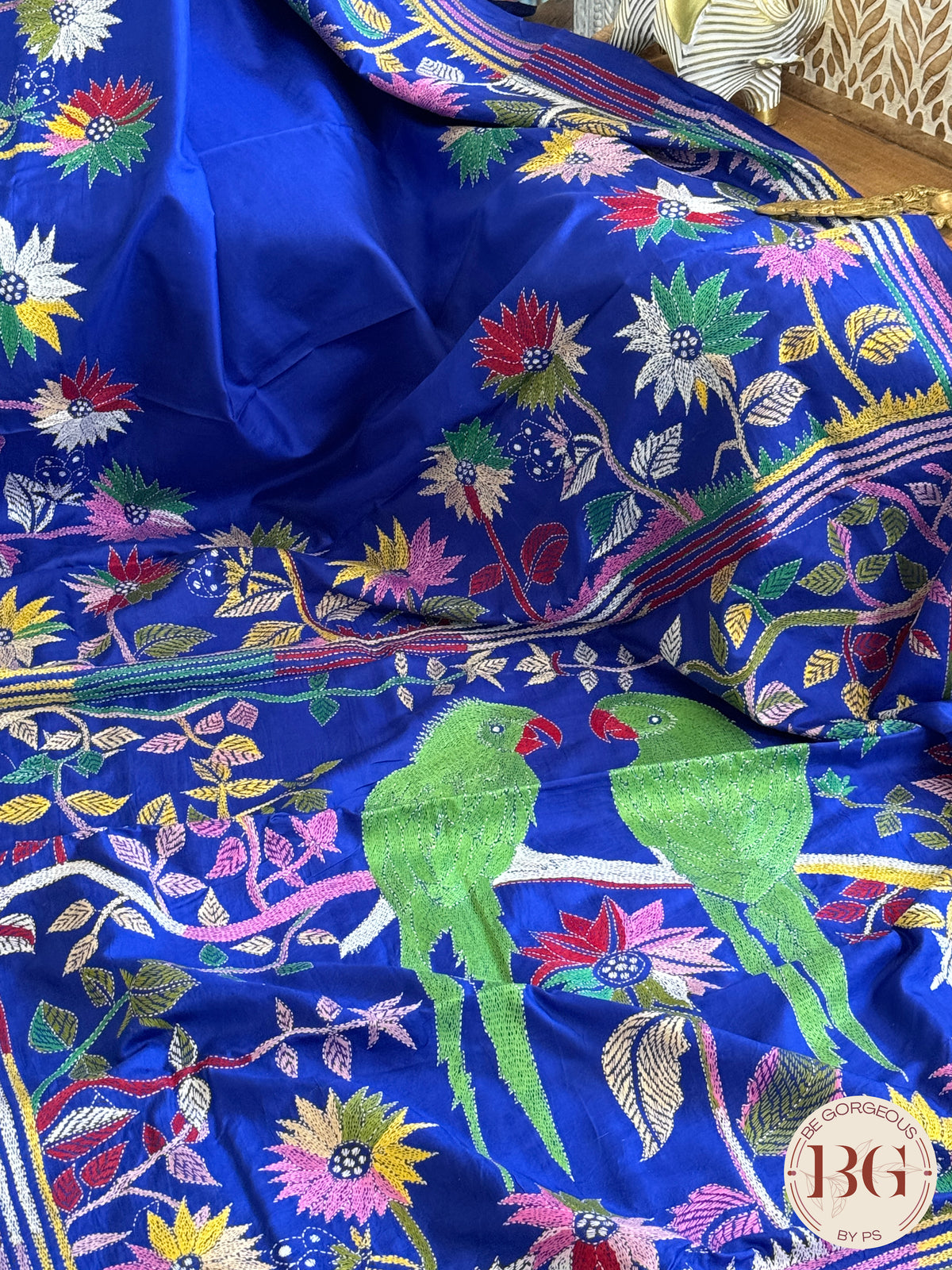 Kantha Stitch on bangalore silk with parrot motifs - blue - silk mark certified