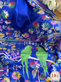 Kantha Stitch on bangalore silk with parrot motifs - blue - silk mark certified