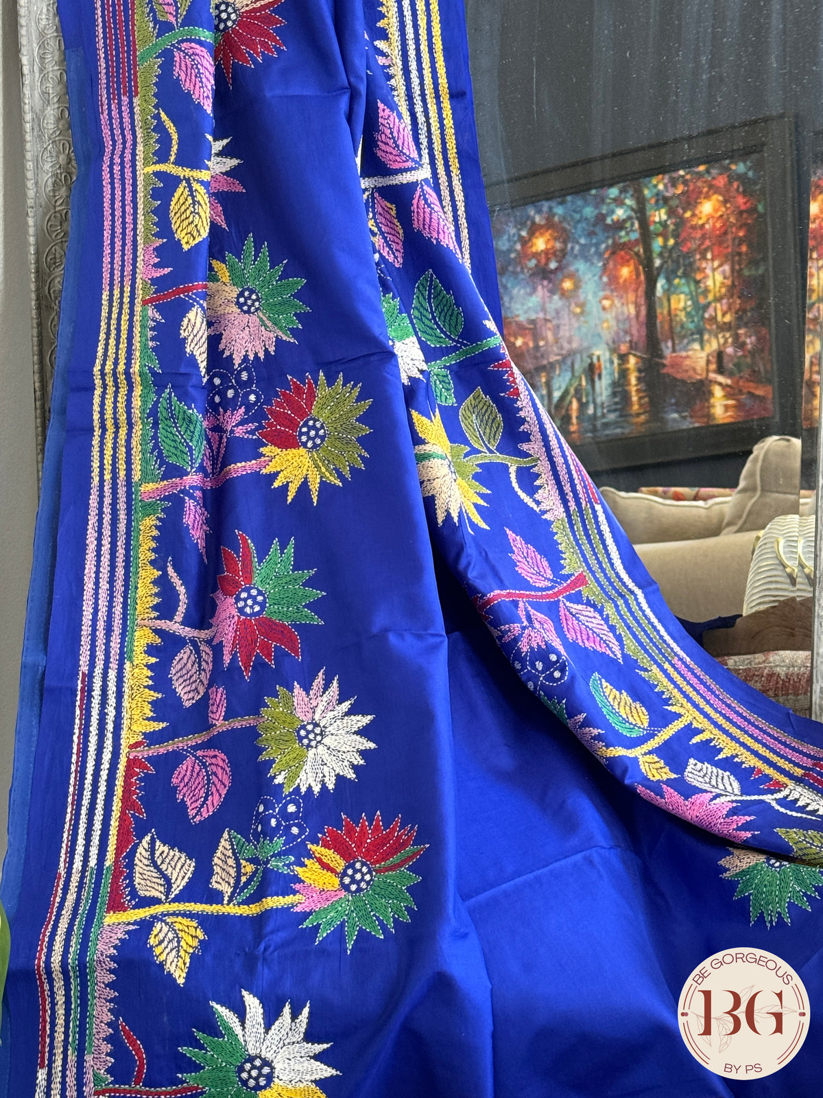 Kantha Stitch on bangalore silk with parrot motifs - blue - silk mark certified