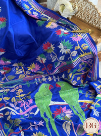 Kantha Stitch on bangalore silk with parrot motifs - blue - silk mark certified