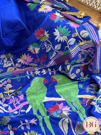 Kantha Stitch on bangalore silk with parrot motifs - blue - silk mark certified