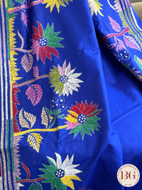 Kantha Stitch on bangalore silk with parrot motifs - blue - silk mark certified