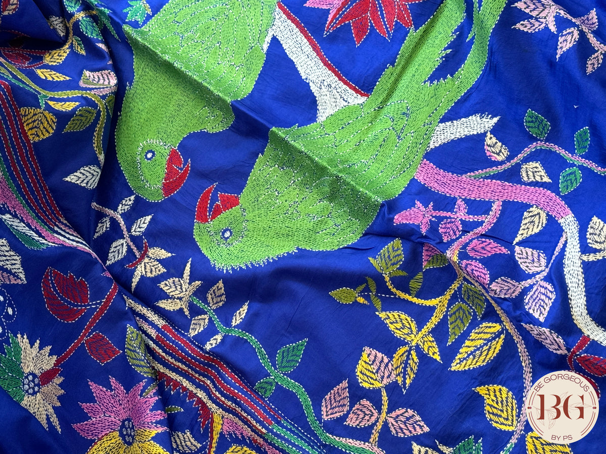 Kantha Stitch on bangalore silk with parrot motifs - blue - silk mark certified