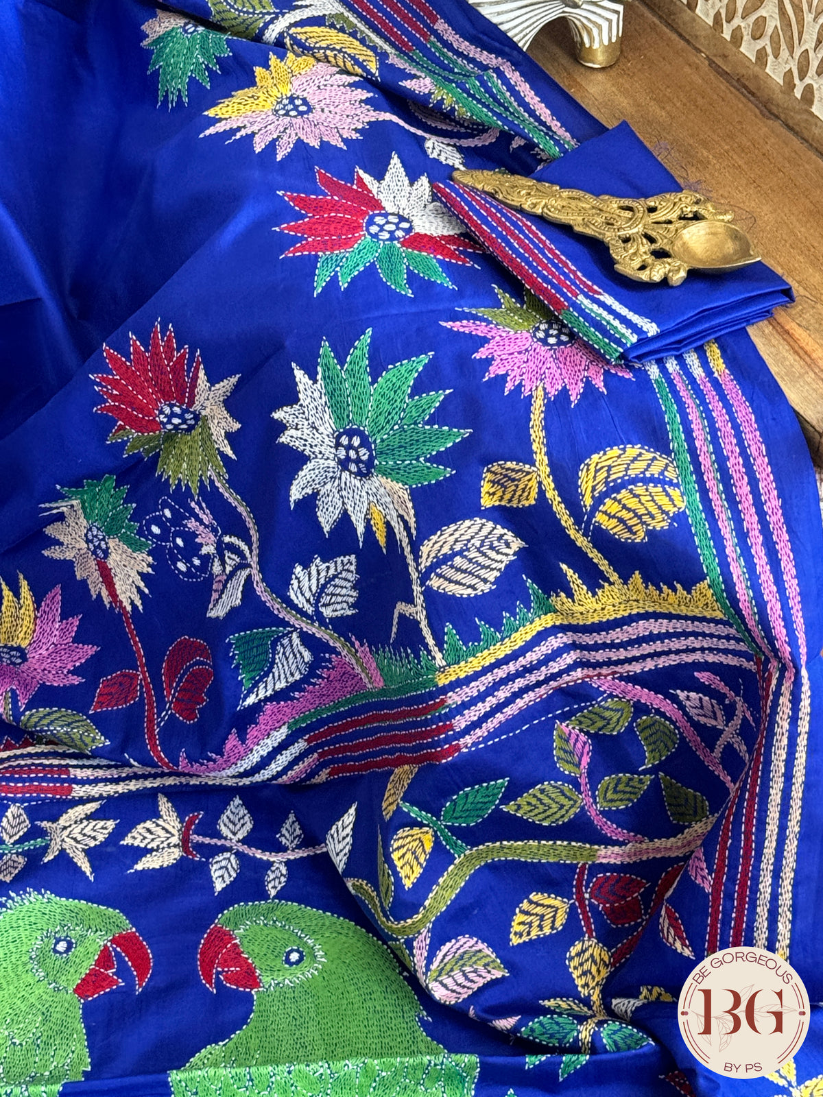 Kantha Stitch on bangalore silk with parrot motifs - blue - silk mark certified