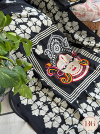 Kantha Stitch Saree with durga motif on bangalore silk - black