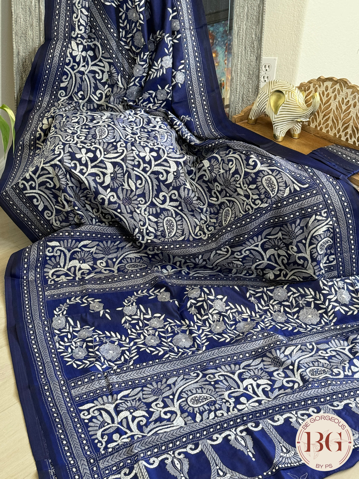 Kantha Stitch Saree on bangalore silk - blue