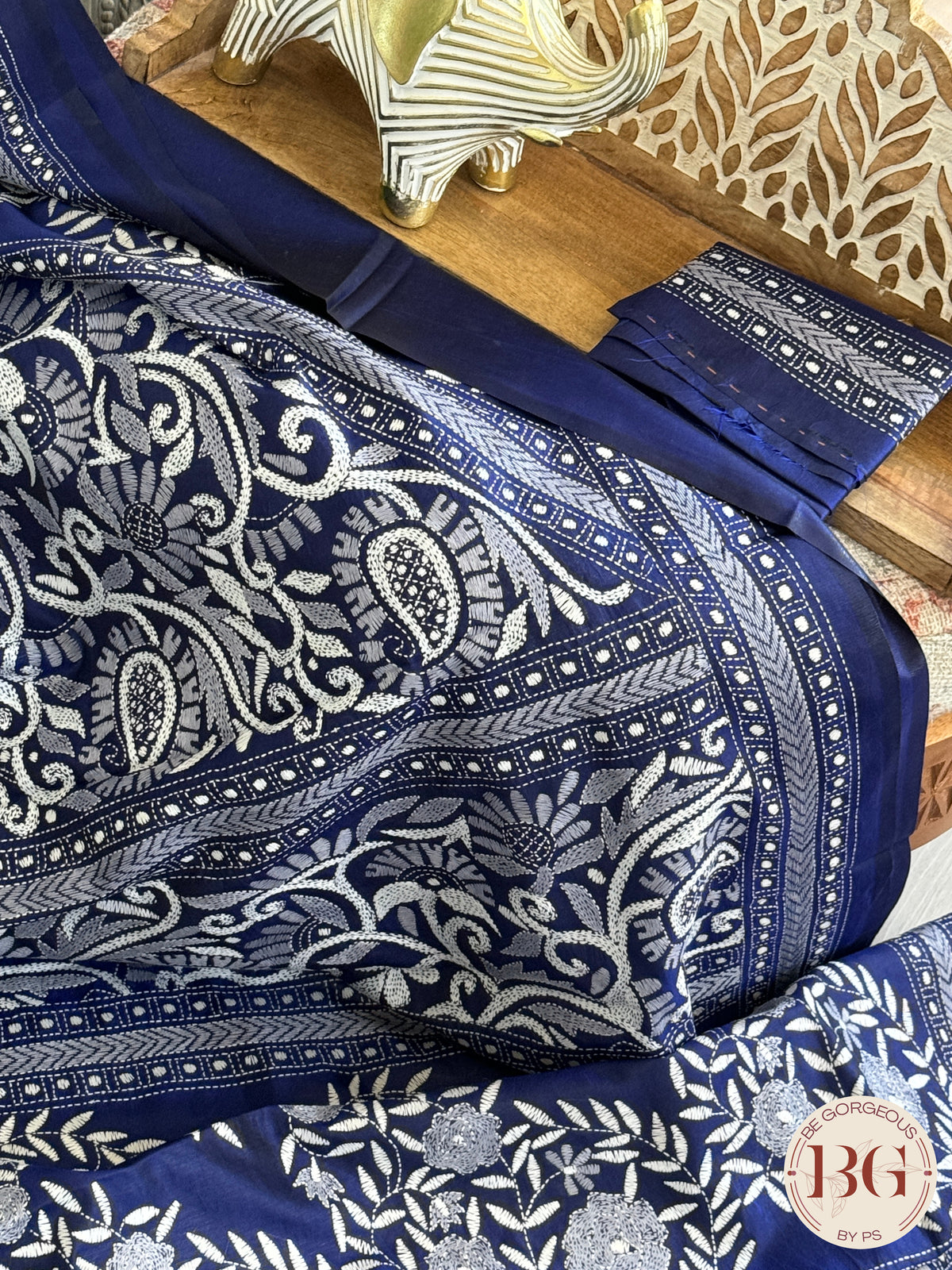 Kantha Stitch Saree on bangalore silk - blue