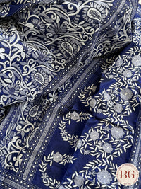 Kantha Stitch Saree on bangalore silk - blue