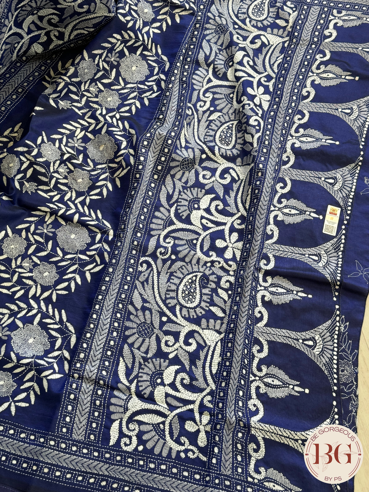 Kantha Stitch Saree on bangalore silk - blue