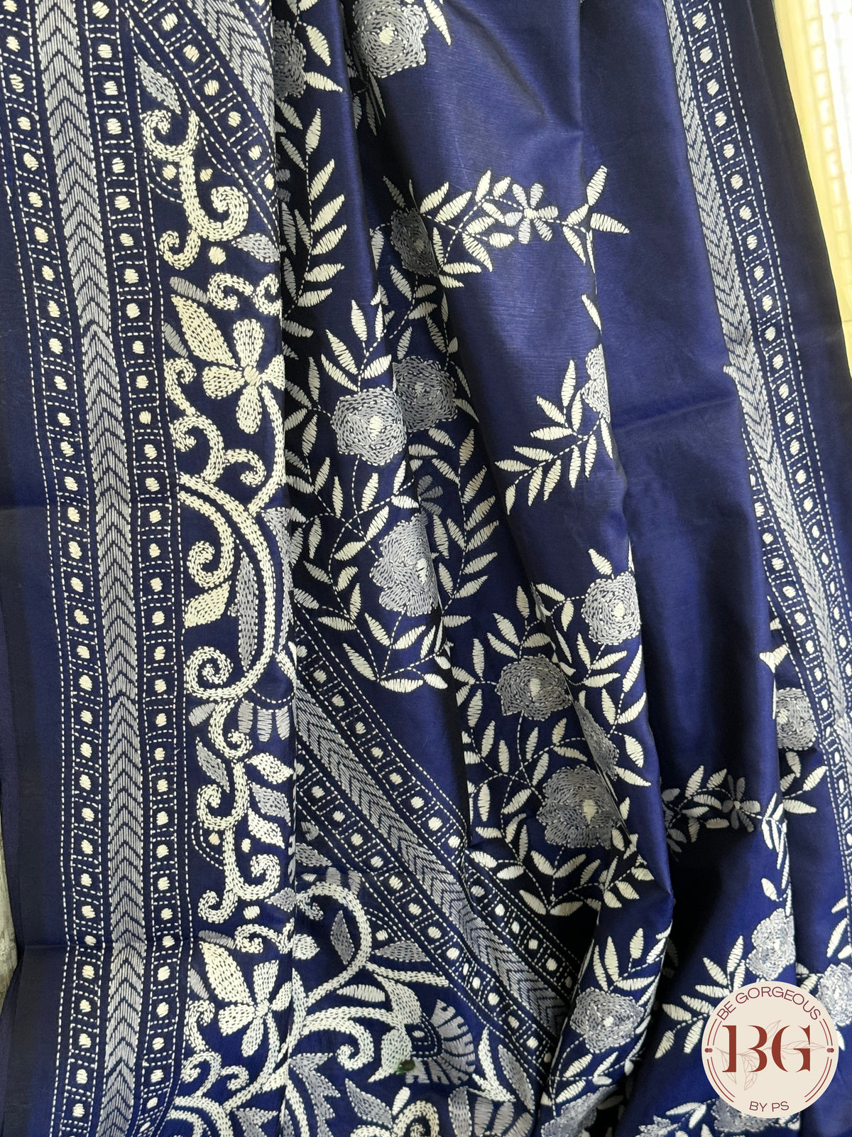 Kantha Stitch Saree on bangalore silk - blue