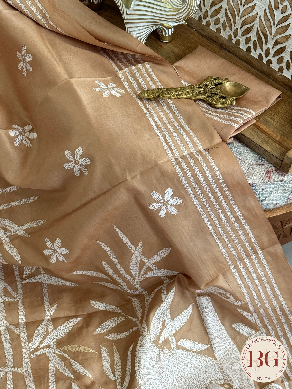 Kantha Stitch saree on bangalore silk - beige