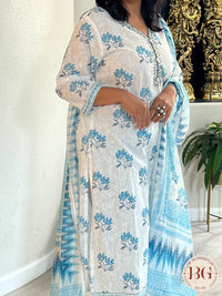 3-piece dupatta set in beautiful blue and cream color combination with floral prints and full size dupatta