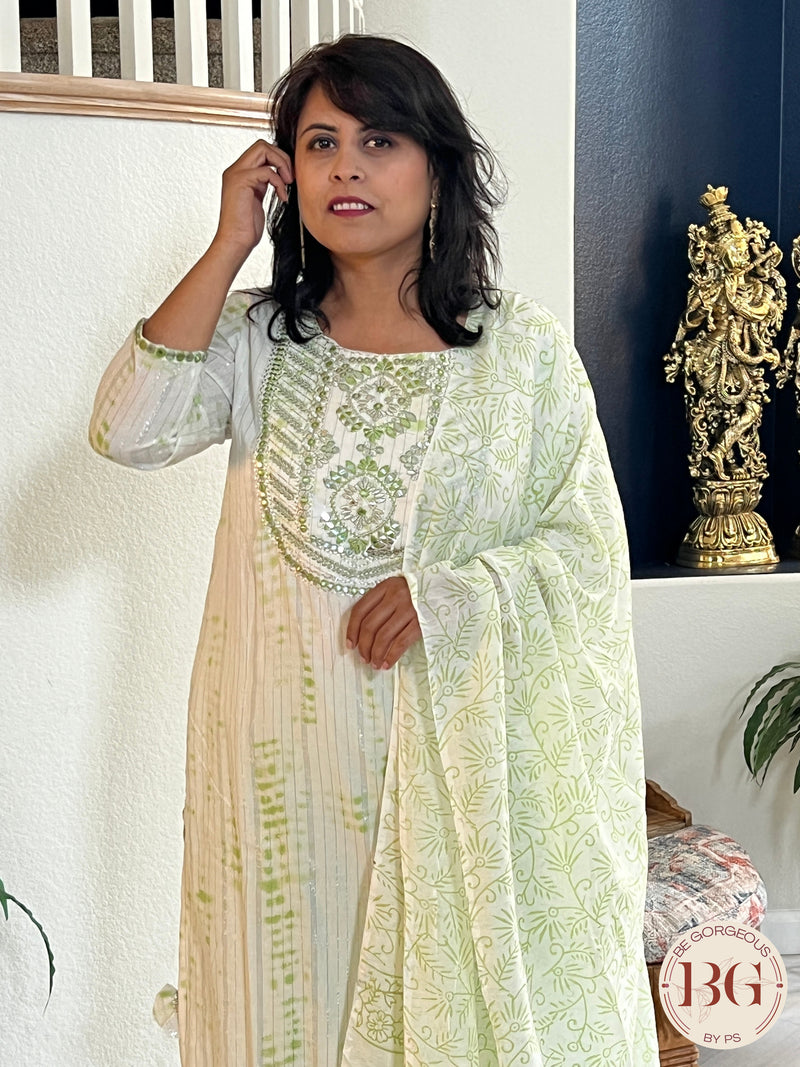 3-piece dupatta set in beautiful green and cream color combination with floral prints and full size dupatta