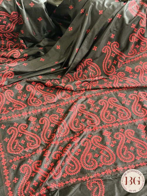 Kutch stitch saree on bangalore silk - black red