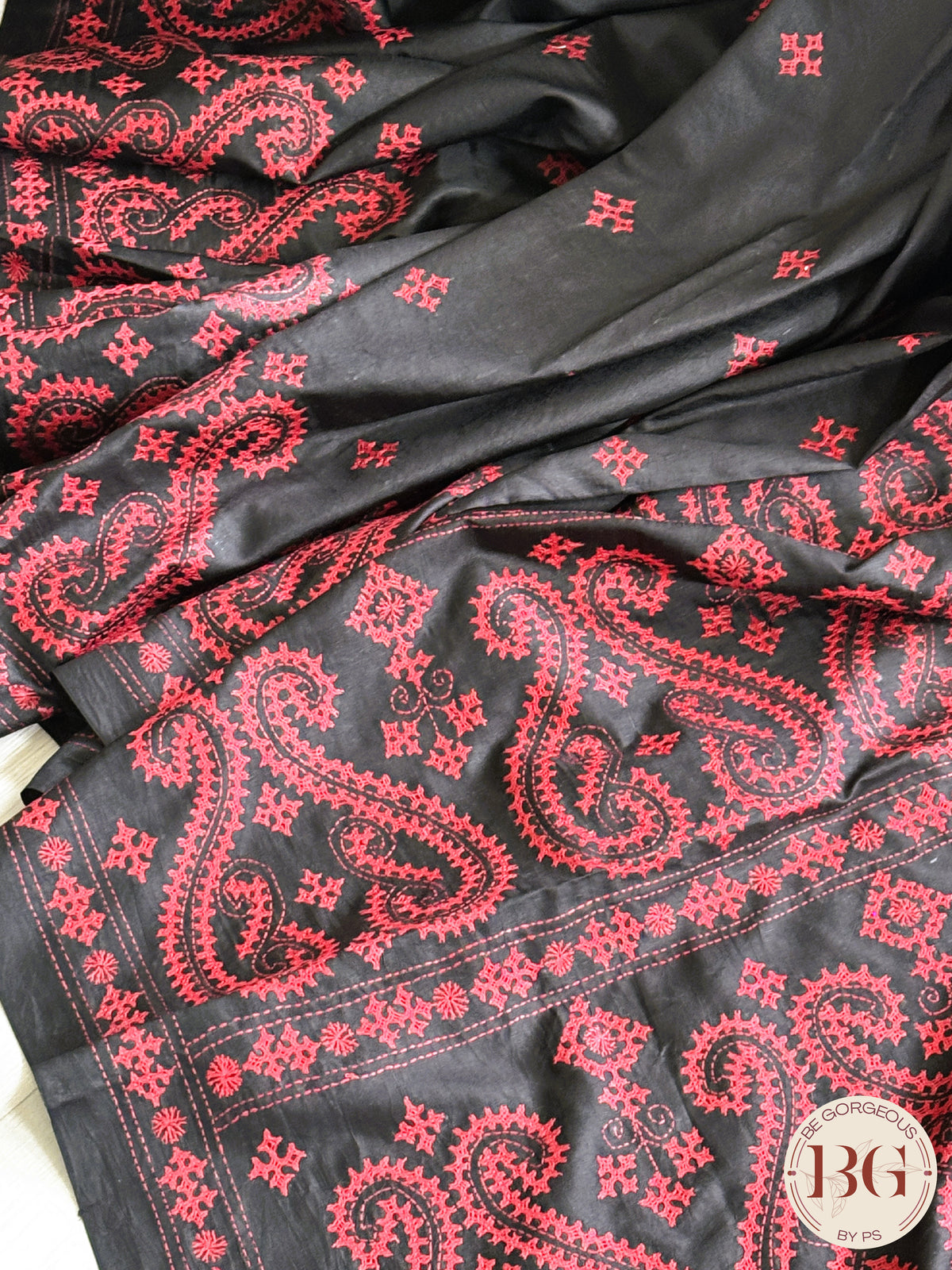 Kutch stitch saree on bangalore silk - black red