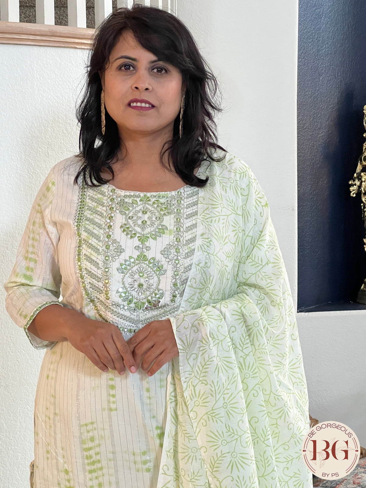 3-piece dupatta set in beautiful green and cream color combination with floral prints and full size dupatta