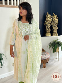 3-piece dupatta set in beautiful green and cream color combination with floral prints and full size dupatta