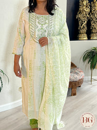 3-piece dupatta set in beautiful green and cream color combination with floral prints and full size dupatta