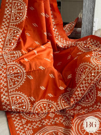 Kutch stitch saree with mirror work on bangalore silk - orange