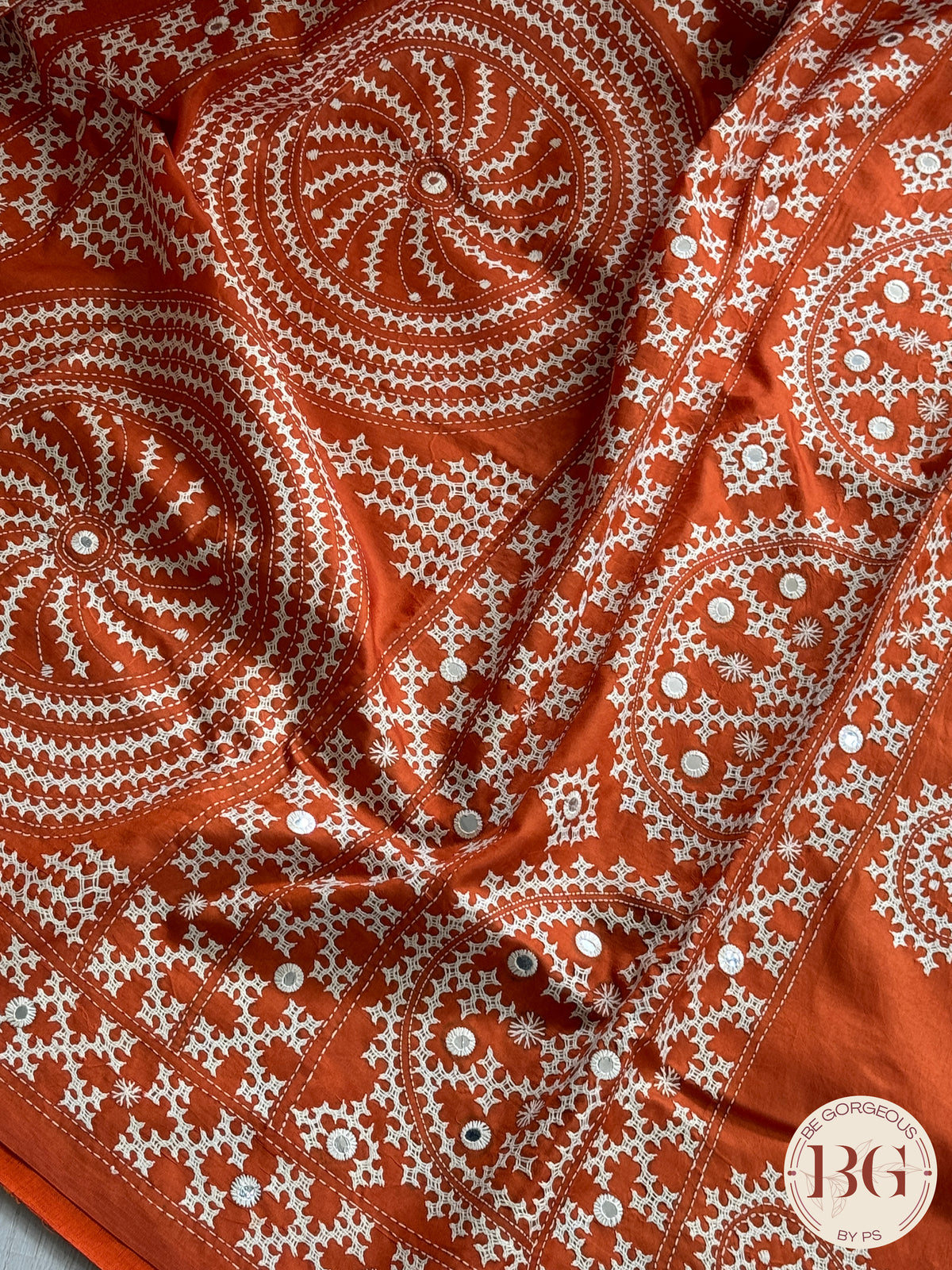 Kutch stitch saree with mirror work on bangalore silk - orange