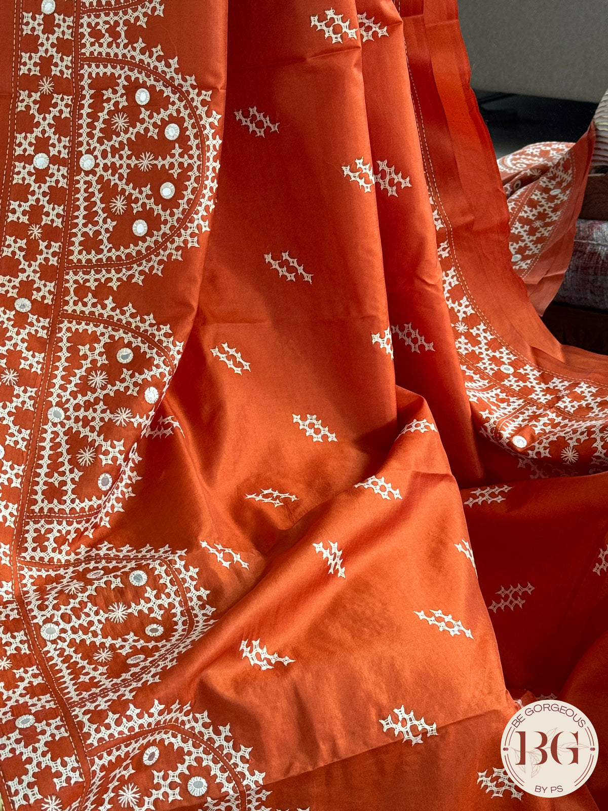 Kutch stitch saree with mirror work on bangalore silk - orange