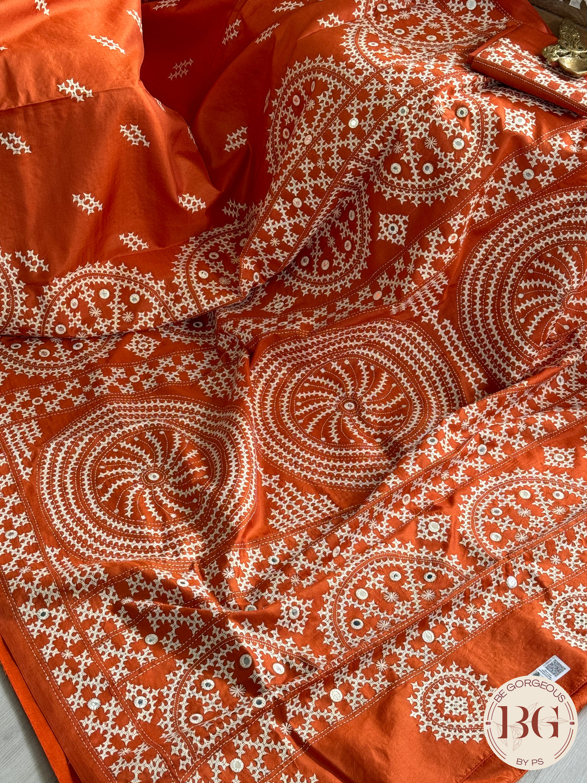 Kutch stitch saree with mirror work on bangalore silk - orange