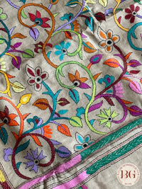 Kantha Stitch Saree on tussar silk - beige multicolor