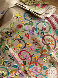 Kantha Stitch Saree on tussar silk - beige multicolor