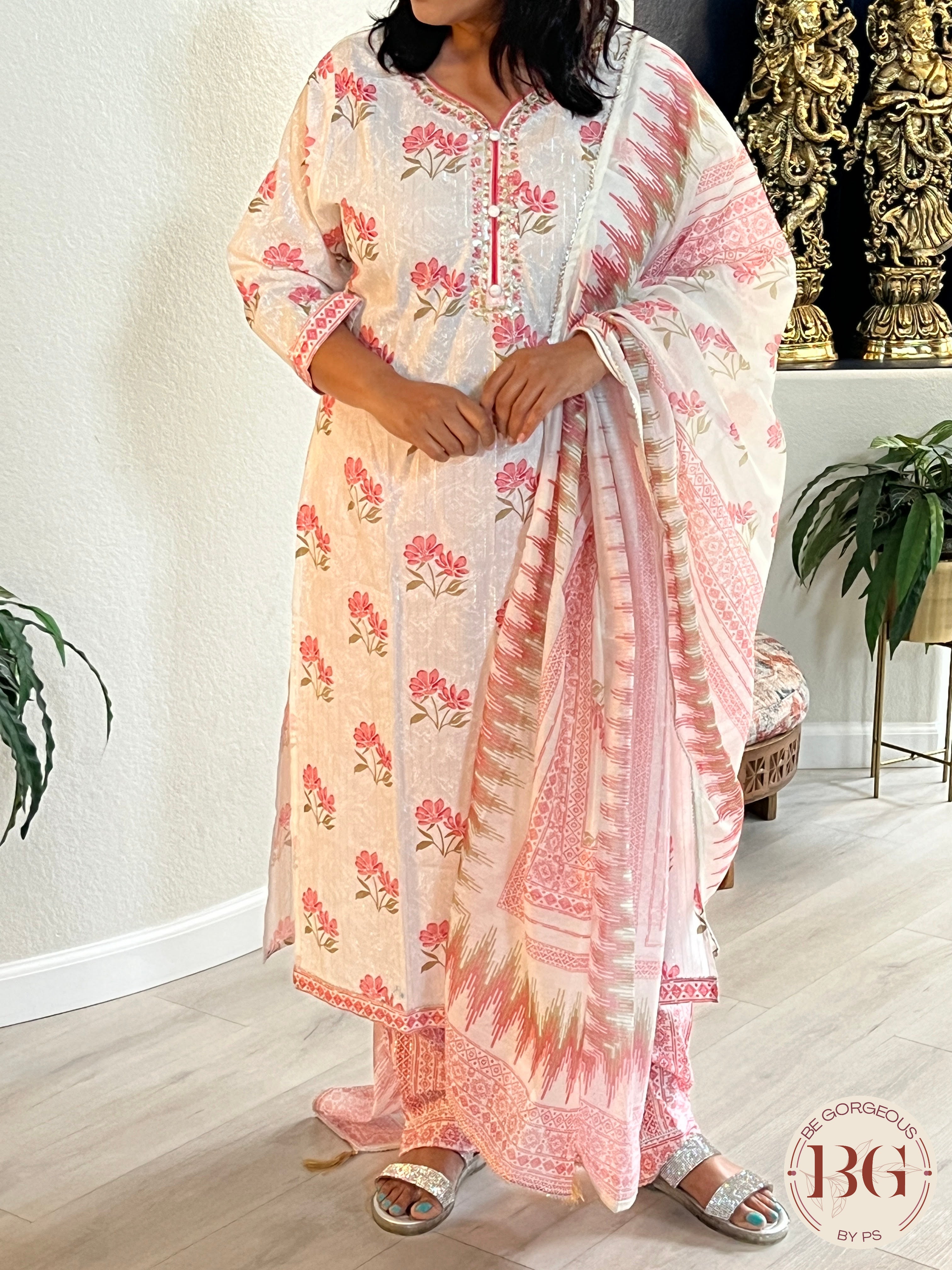 3-piece dupatta set in beautiful red and cream color combination with floral prints and full size dupatta